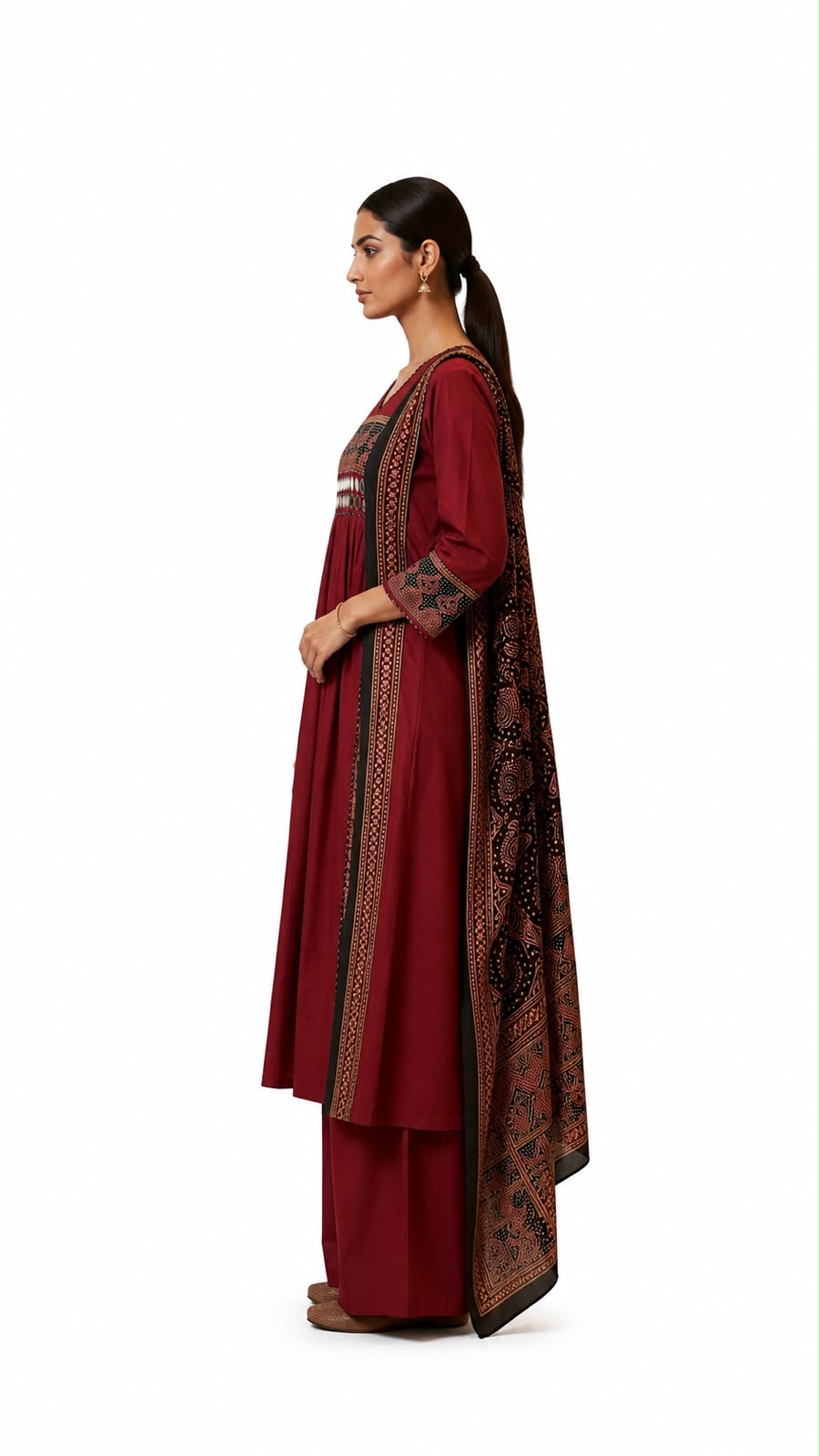Women's Maroon Cotton Slub A-Line Kurta Palazzo Dupatta Set with Mirror Work, Embroidered Yoke, - Image 2