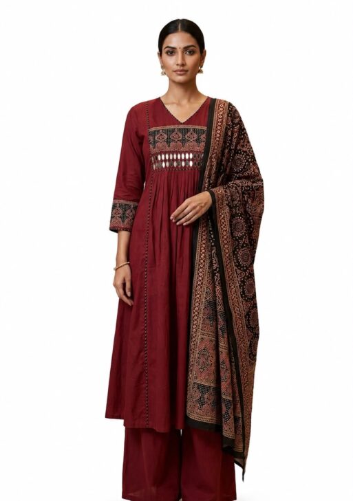 Women's Maroon Cotton Slub A-Line Kurta Palazzo Dupatta Set with Mirror Work, Embroidered Yoke,