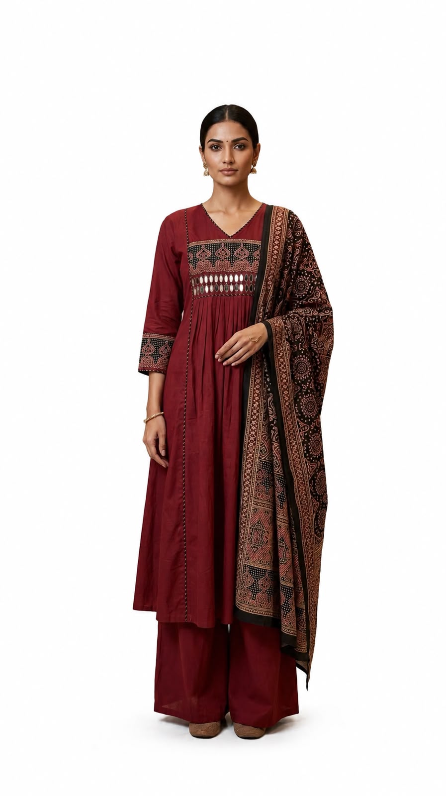 Women's Maroon Cotton Slub A-Line Kurta Palazzo Dupatta Set with Mirror Work, Embroidered Yoke,