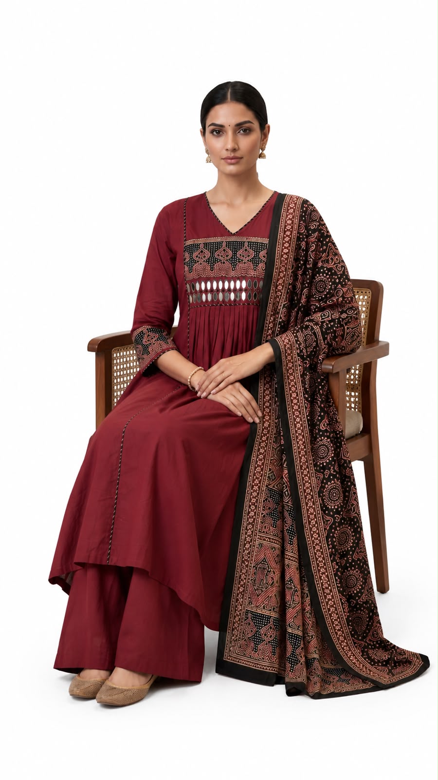 Women's Maroon Cotton Slub A-Line Kurta Palazzo Dupatta Set with Mirror Work, Embroidered Yoke, - Image 4