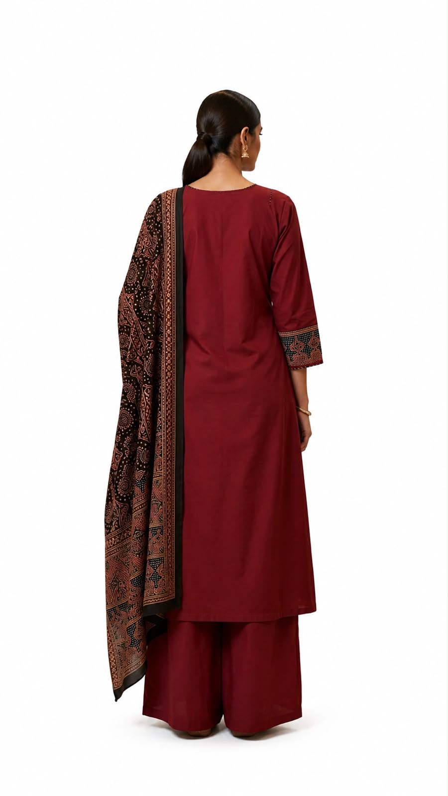 Women's Maroon Cotton Slub A-Line Kurta Palazzo Dupatta Set with Mirror Work, Embroidered Yoke, - Image 3
