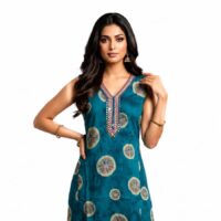 Women's Teal Blue Cotton Straight Kurta Palazzo Set with Printed Design, Embroidered V-Neck,