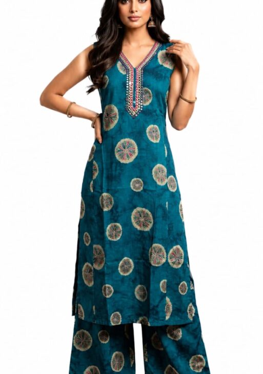 Women's Teal Blue Cotton Straight Kurta Palazzo Set with Printed Design, Embroidered V-Neck,