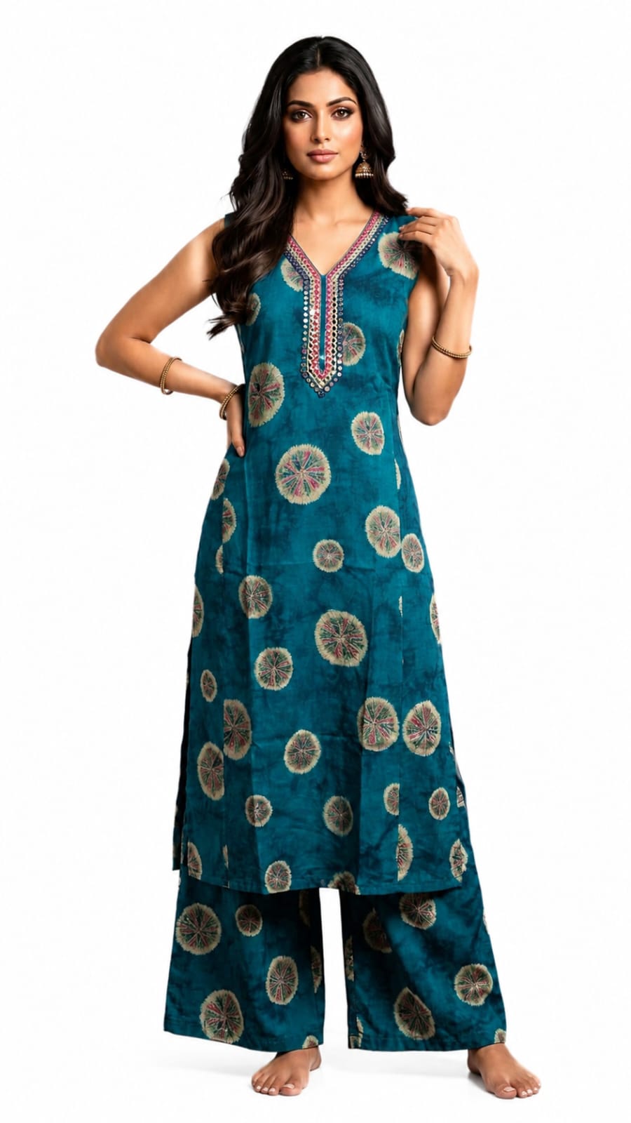 Women's Teal Blue Cotton Straight Kurta Palazzo Set with Printed Design, Embroidered V-Neck,
