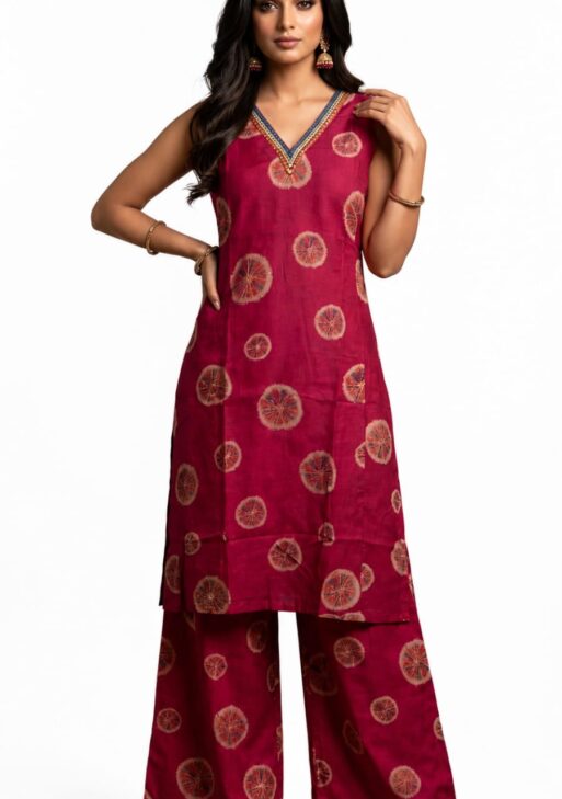 Women's Maroon Ethnic Printed Sleeveless V-Neck Kurta & Palazzo Co-Ord Set