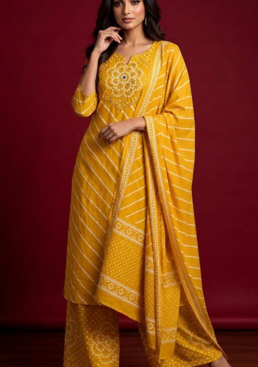 Women's Mustard Yellow Embroidered Kurta Set with Palazzo & Dupatta