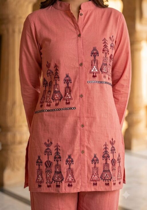 Women's Pure Cotton Salmon Pink Kurta Pant Co-ord Set | Ethnic Printed | Mandarin Collar | Regular Fit
