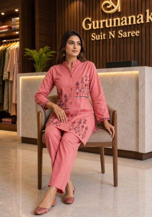 Women's Pure Cotton Salmon Pink Kurta Pant Co-ord Set | Ethnic Printed | Mandarin Collar | Regular Fit