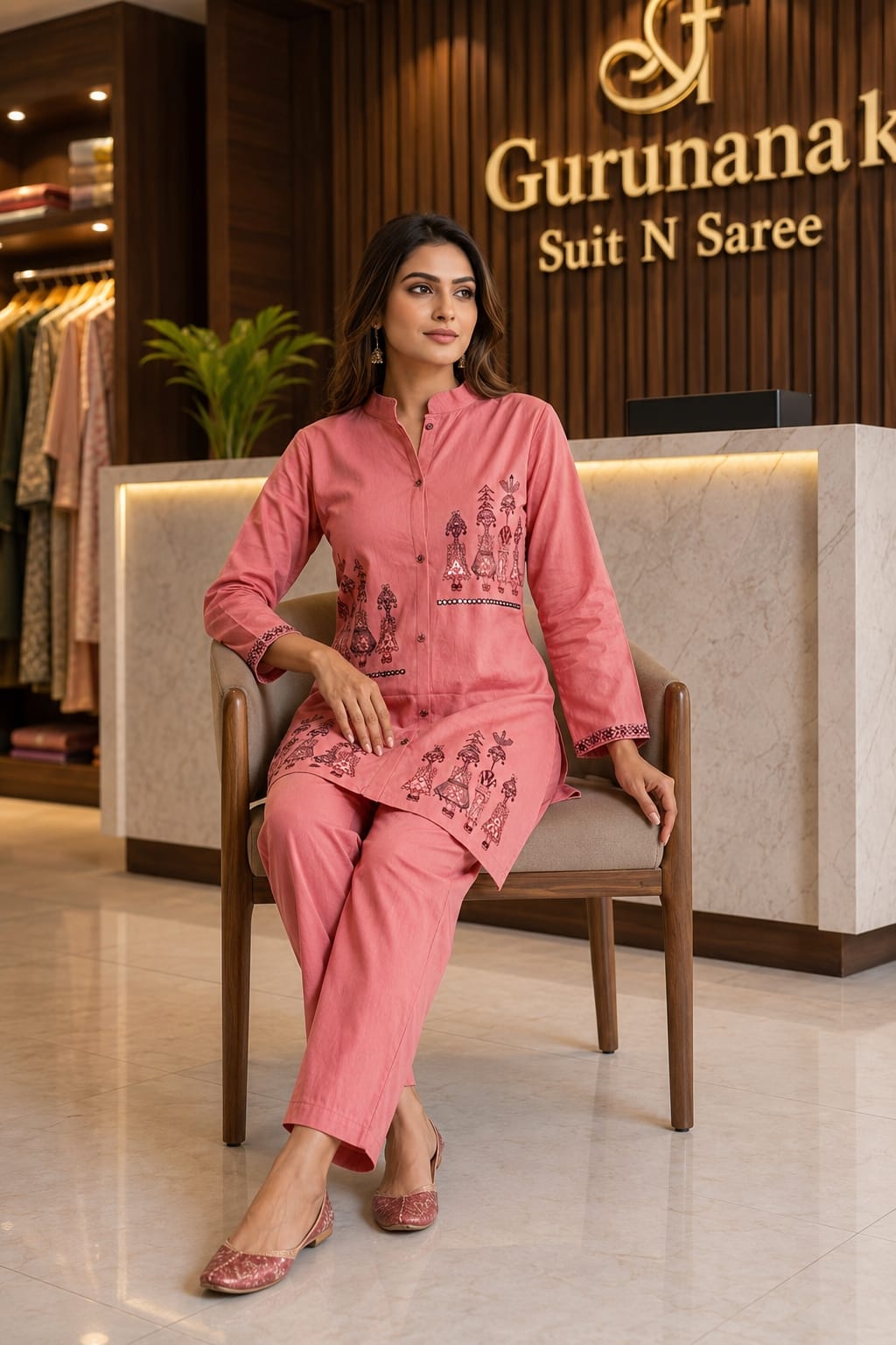Women's Pure Cotton Salmon Pink Kurta Pant Co-ord Set | Ethnic Printed | Mandarin Collar | Regular Fit