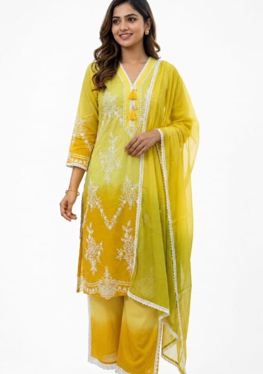Women's Premium Mal Cotton Embroidered Suit Set with Dupatta – Lemon Yellow