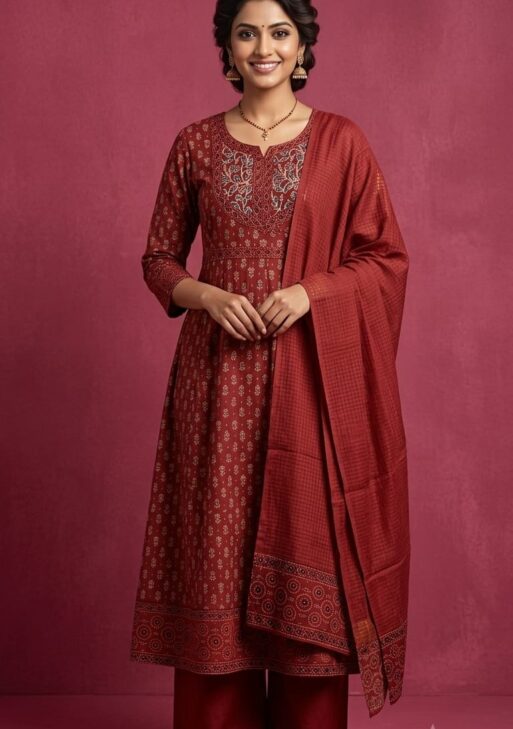 Women's Maroon Printed Salsa Cotton Kurta Pant Set with Dupatta