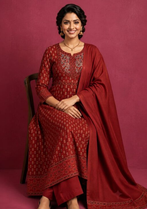 Women's Maroon Printed Salsa Cotton Kurta Pant Set with Dupatta