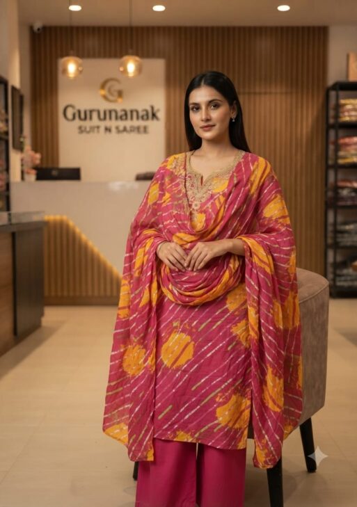 Women's Pure Cotton Leheriya Printed Embroidered Kurta Pant with Dupatta Set