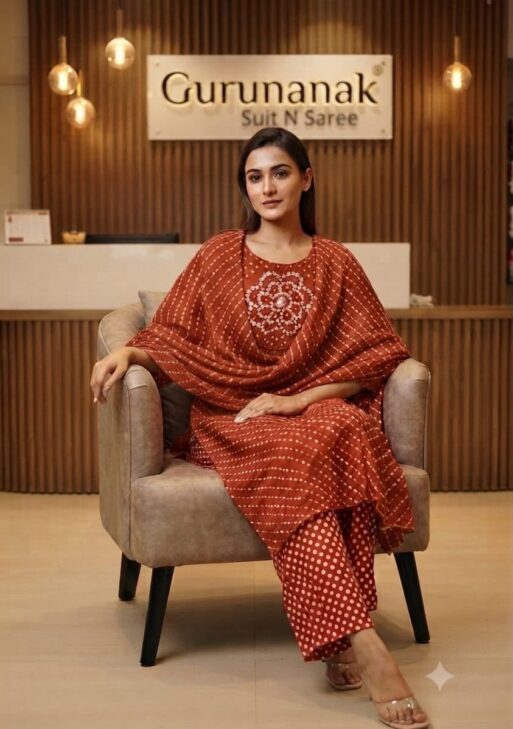 Women's Pure Cotton Rust Bandhani Printed Embroidered Kurta Pant with Dupatta Set