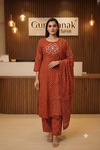 Women's Pure Cotton Rust Bandhani Printed Embroidered Kurta Pant with Dupatta Set