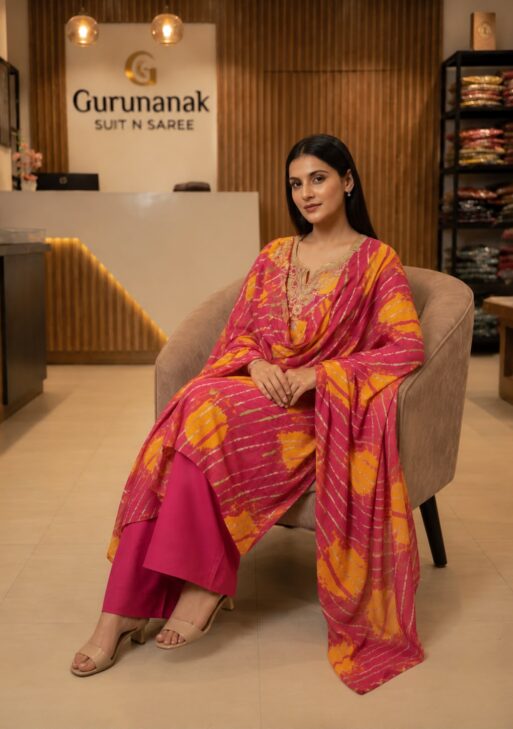 Women's Pure Cotton Leheriya Printed Embroidered Kurta Pant with Dupatta Set