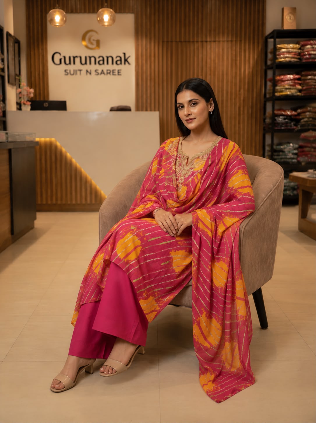Women's Pure Cotton Leheriya Printed Embroidered Kurta Pant with Dupatta Set - Image 1