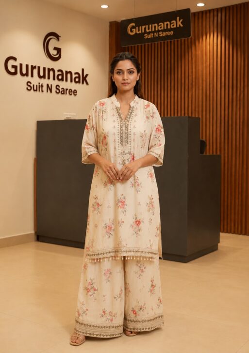 Women's Premium Chinnon Floral Printed Embroidered Kurta Palazzo with Dupatta Set