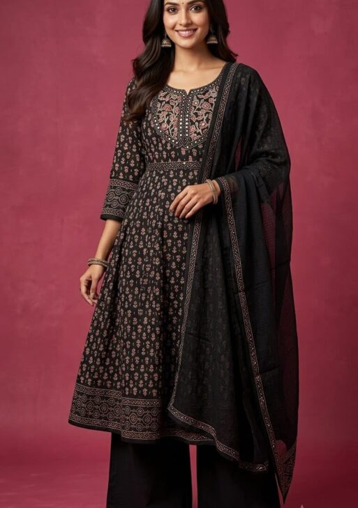 Women's Black Cotton Printed Anarkali Kurta Palazzo Dupatta Set