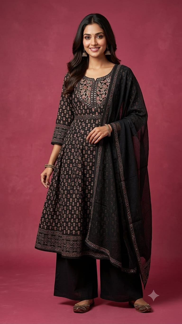 Women's Black Cotton Printed Anarkali Kurta Palazzo Dupatta Set