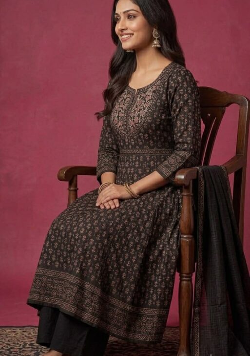 Women's Black Cotton Printed Anarkali Kurta Palazzo Dupatta Set
