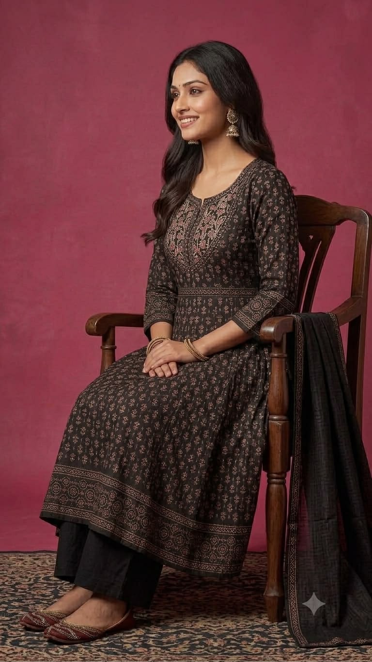Women's Black Cotton Printed Anarkali Kurta Palazzo Dupatta Set - Image 1
