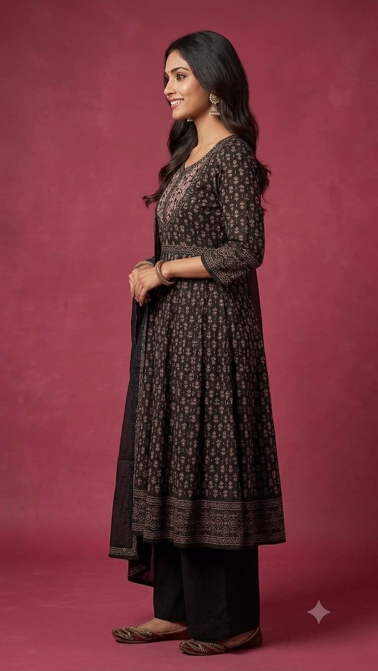 Women's Black Cotton Printed Anarkali Kurta Palazzo Dupatta Set - Image 2