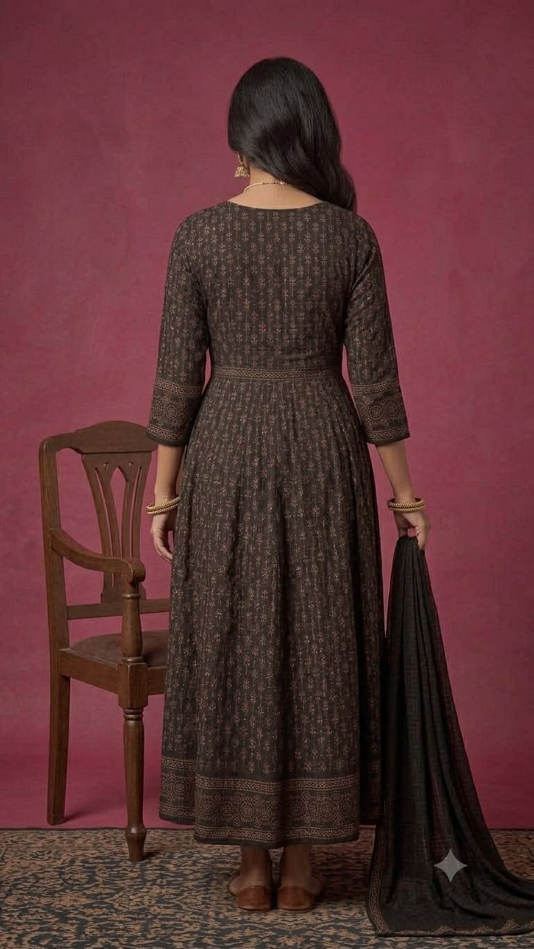 Women's Black Cotton Printed Anarkali Kurta Palazzo Dupatta Set - Image 3