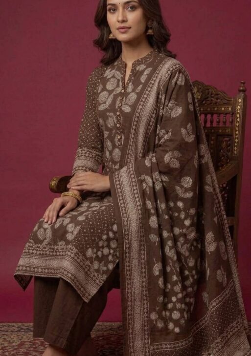Women's Brown Cotton Printed Anarkali Kurta Palazzo Dupatta Set
