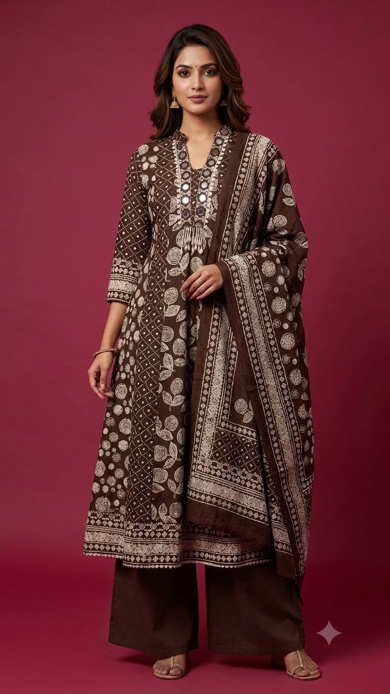 Women's Brown Cotton Printed Anarkali Kurta Palazzo Dupatta Set