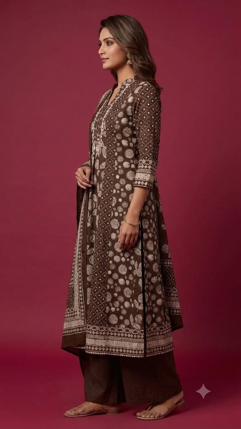 Women's Brown Cotton Printed Anarkali Kurta Palazzo Dupatta Set - Image 2