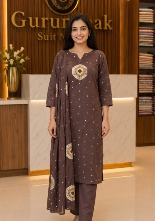 Women's Brown Cotton Printed Suit with Dupatta (3-Piece Set)