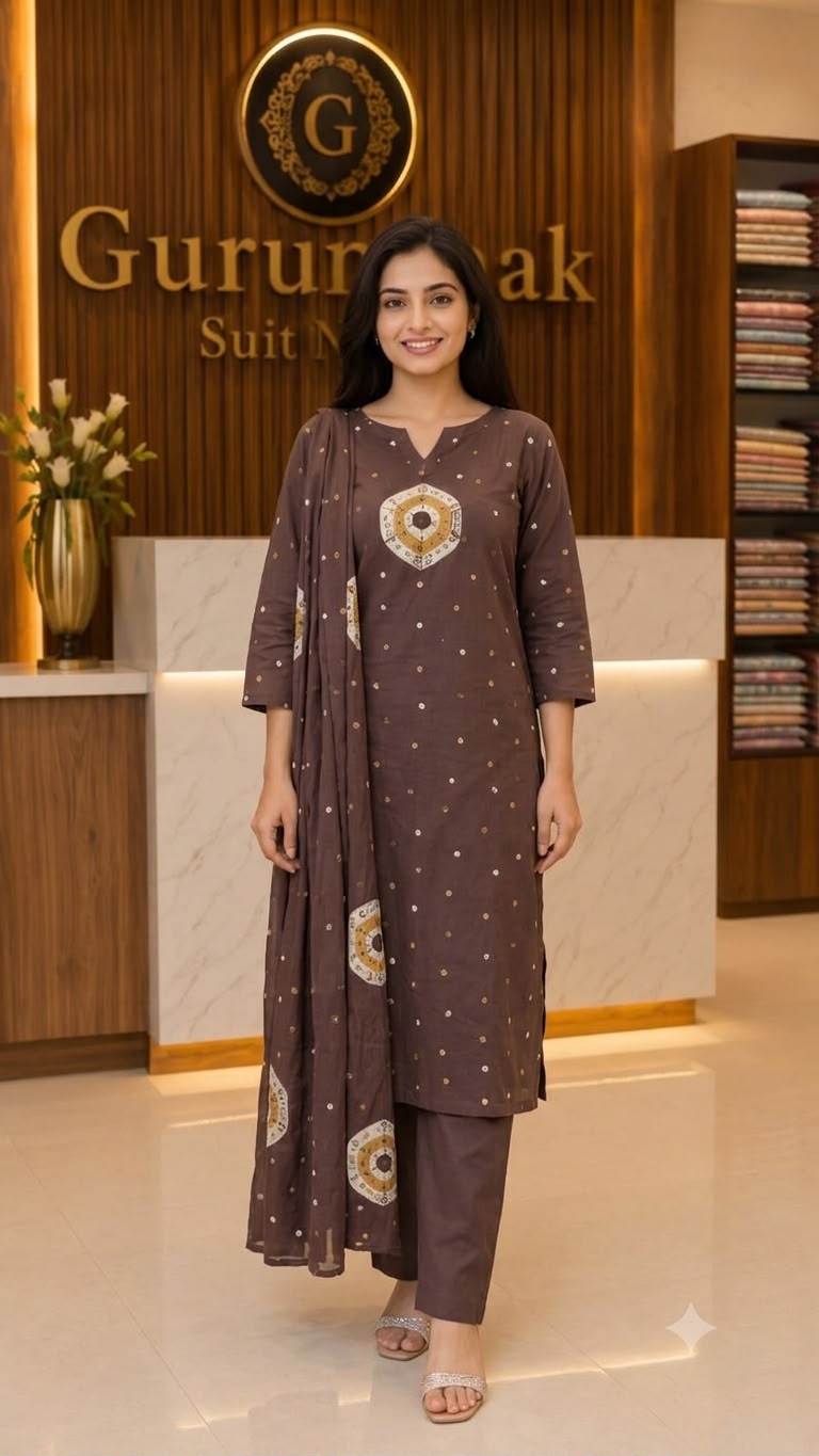 Women's Brown Cotton Printed Suit with Dupatta (3-Piece Set)
