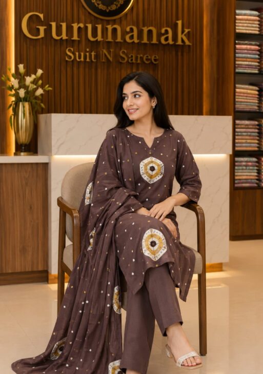 Women's Brown Cotton Printed Suit with Dupatta (3-Piece Set)