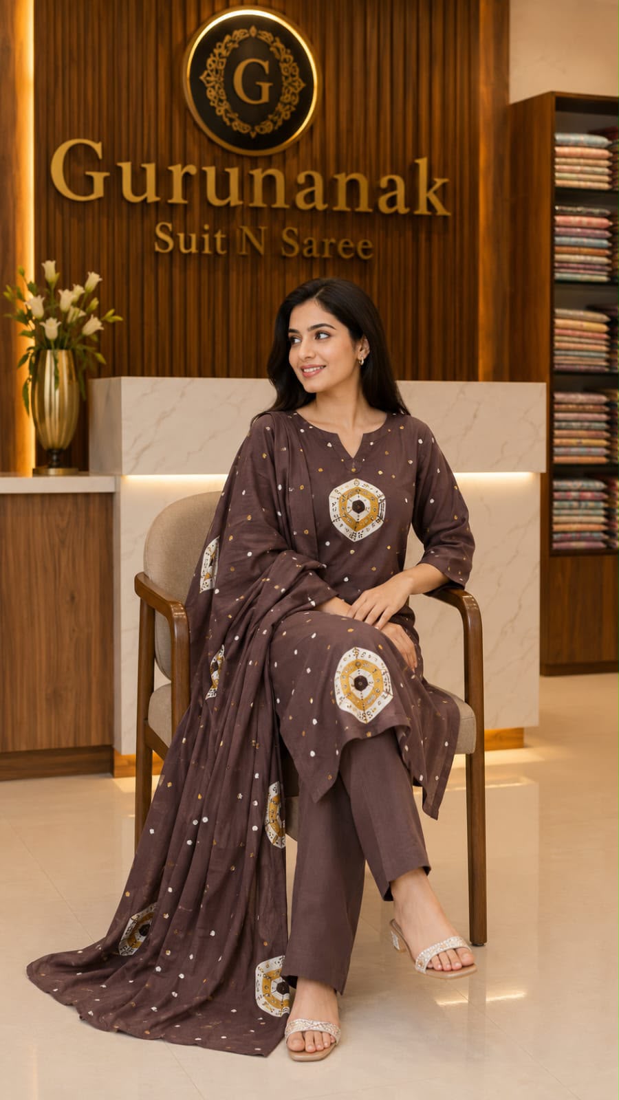 Women's Brown Cotton Printed Suit with Dupatta (3-Piece Set) - Image 1