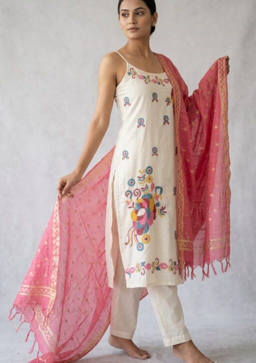 Women's Premium Flex Cotton Embroidered Kurta Pant with Dupatta Set