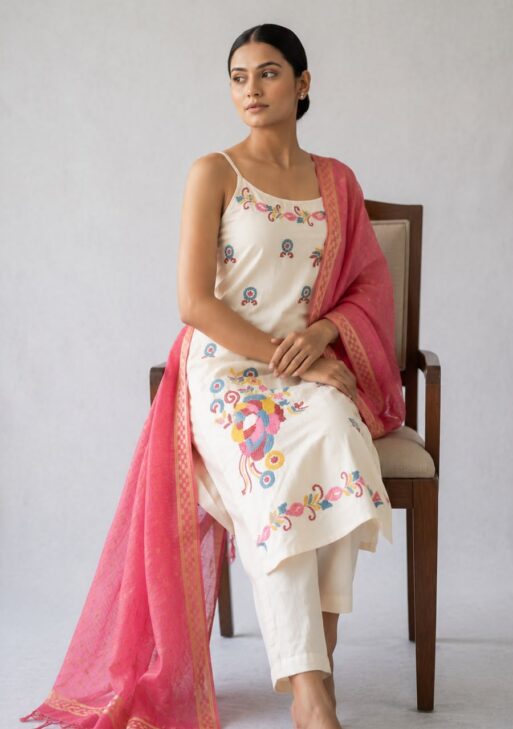 Women's Premium Flex Cotton Embroidered Kurta Pant with Dupatta Set