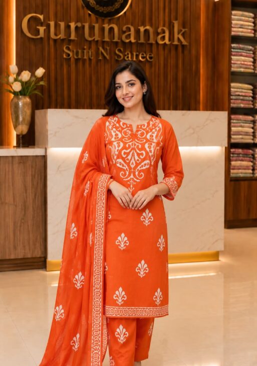 Premium Cotton Printed Kurta Pant Dupatta Set for Women – Orange