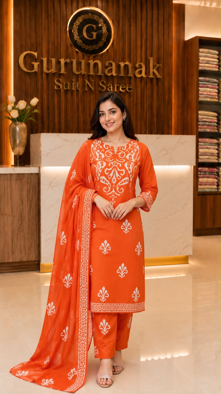 Premium Cotton Printed Kurta Pant Dupatta Set for Women – Orange