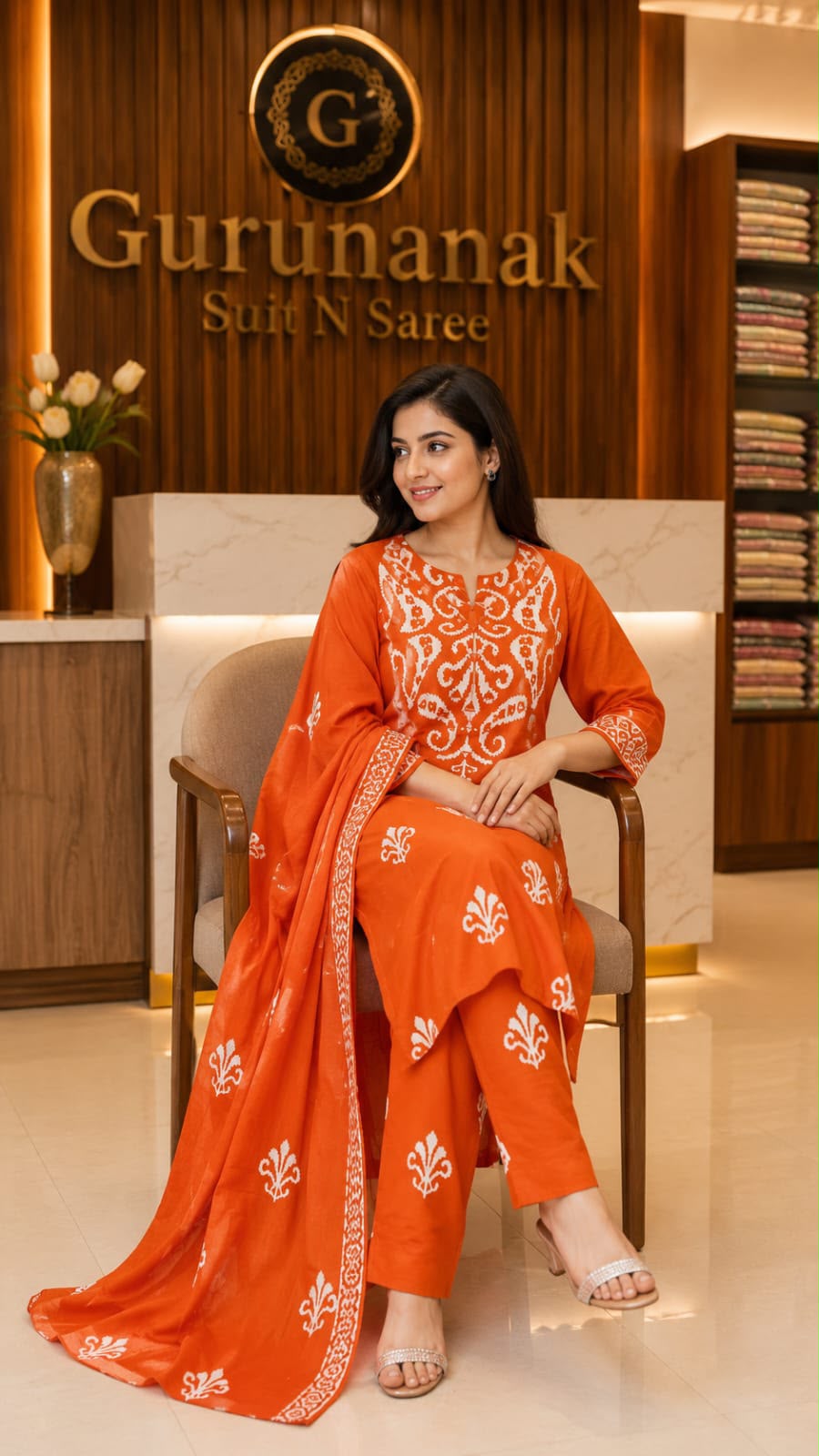 Premium Cotton Printed Kurta Pant Dupatta Set for Women – Orange - Image 3