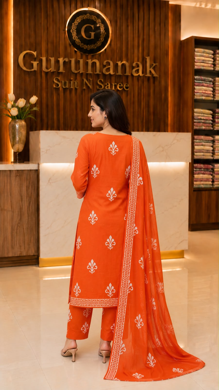 Premium Cotton Printed Kurta Pant Dupatta Set for Women – Orange - Image 2
