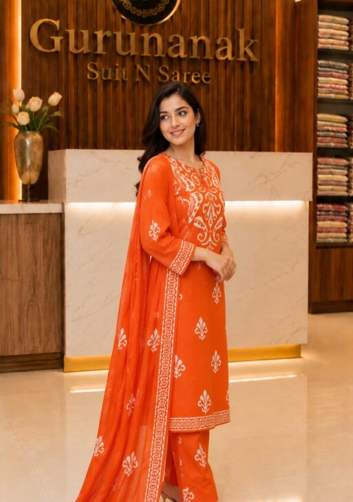 Premium Cotton Printed Kurta Pant Dupatta Set for Women – Orange