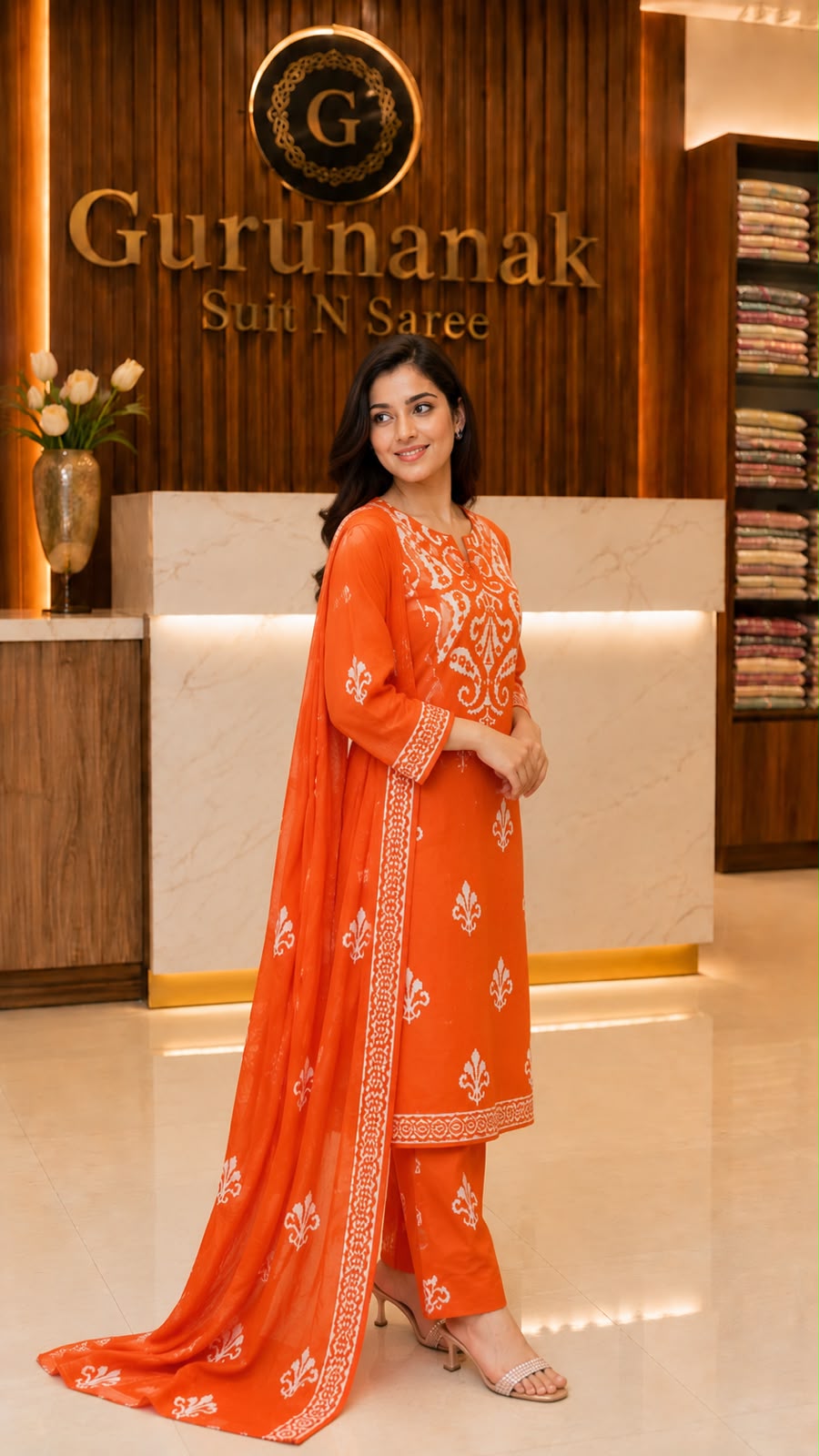 Premium Cotton Printed Kurta Pant Dupatta Set for Women – Orange - Image 1