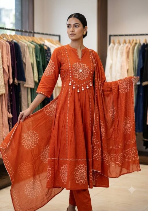 Women's Pure Cotton Bandhani Print Anarkali Kurta Pant & Dupatta Set