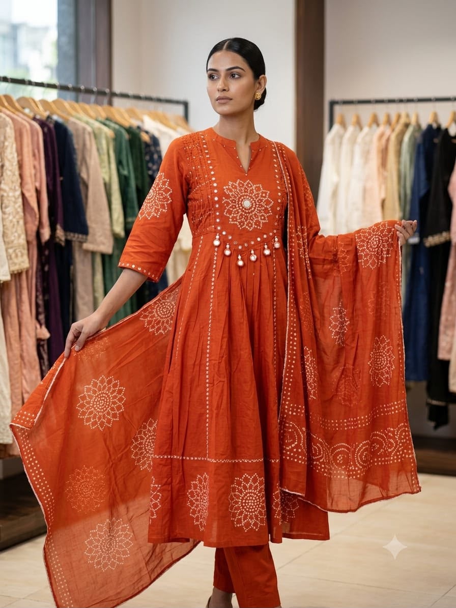 Women's Pure Cotton Bandhani Print Anarkali Kurta Pant & Dupatta Set