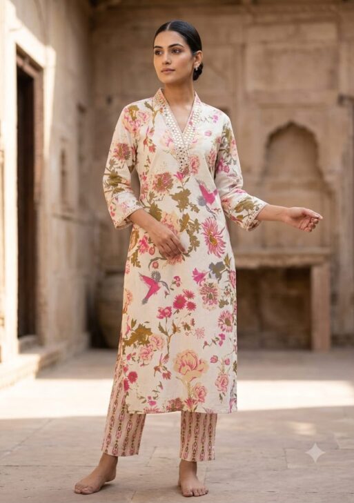 Women's Cotton Floral Printed Straight Kurta Pant Set