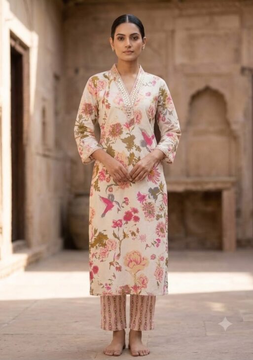 Women's Cotton Floral Printed Straight Kurta Pant Set