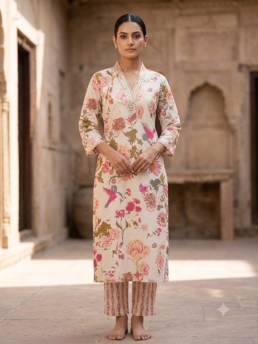 Women's Cotton Floral Printed Straight Kurta Pant Set