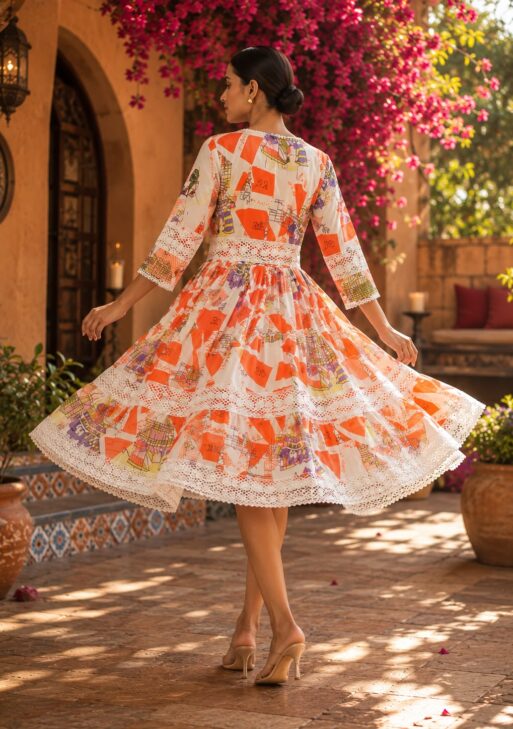 Premium Mull Cotton Printed Fit & Flare Midi Dress for Women