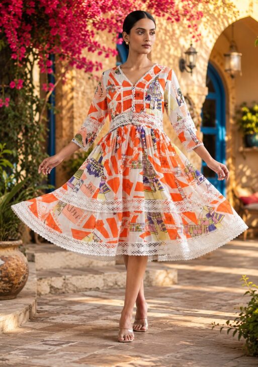 Premium Mull Cotton Printed Fit & Flare Midi Dress for Women